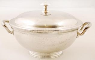 Ezüstözött alpakka leveses tál fedéllel, jelzett, d: 20 cm, m: 15,5 cm