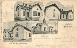 Ipolyság, Közkóház, Gondnoki lak, Fertőző osztály, Sebészeti osztály, Apáca lak, Kanyó A. utóda kiadása / hospital, nun's house (fa)