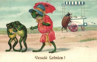Veselé Letnice! frogs, humour, litho