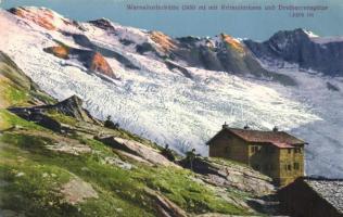Warnsdorferhütte, Krimmlerkees, Dreiherrenspitze / rest house, mountain peaks