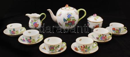 Herendi Viktória mintás teás készlet, kézzel festett, apró lepattanás a rózsán, jelzett / Herend tea set