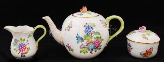 Herendi Viktória mintás teás készlet, kézzel festett, apró lepattanás a rózsán, jelzett / Herend tea...