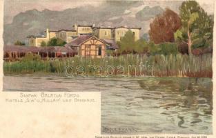 Siófok, Balaton, Sió és Hullám szállodák, litho, Künstler-Heliocolorkarte No. 2834. von Ottmar Zieher No. 1280. s: Radul Frank (fl)