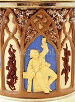 Gazdagon díszített asztali fajansz tartó, sorszámozott (116.), kis csorbákkal, d: 13 cm, m: 18,5 cm