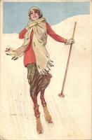 Italian art postcard, skiing lady, Anna & Gasparini 474-1. (EK)