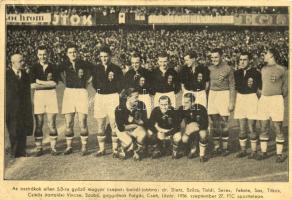 1937 Az osztrák ellen 5:3-ra győző csapat, dr. Dietz, Szűcs, Toldi, Seres, Fekete, Sas, Titkos, Csikós, Vincze, Szabó, Polgár, Cseh, Lázár, FTC sporttelep / Hungarian football team (gluemark)