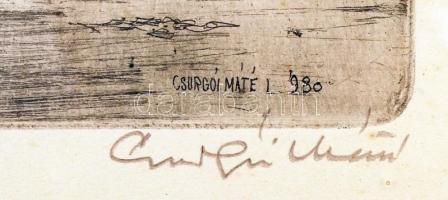 Csurgói Máté Lajos (1931-2001): Ártéri fák. Rézkarc, papír, jelzett, üvegezett keretben, 27×38 cm