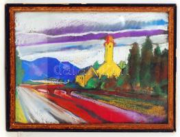 Olvashatatlan jelzéssel: Sárga templom, akvarell, farost, üvegezett fa keretben, 56×38,5 cm