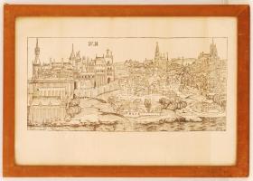 Buda, Hartmann Schedel világkrónikájának (Nürnberg, 1493) fametszetéről készült ofszet reprint, papír, üvegezett fa keretben, 39,5×16,5 cm