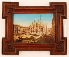 A milánói dóm, gyöngyházas kép díszes fa keretben, 14×10 cm