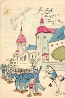 6 db RÉGI motívumlap; humoros grafikai katonai lapok / 6 old motive cards; Military humorous graphic...