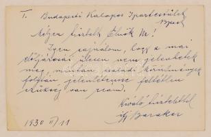 1930 Bp., Baraker Mátyás Kalapgyárának reklámkártyája hátoldalán üzenettel