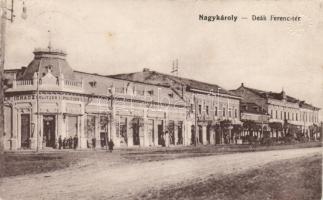 Nagykároly, Deák Ferenc tér, Politzer Ignác, Hadnagy Ignácz, Kovács György, Klein Ignác, Hermann Samu üzletei / square, shops (fa)