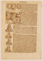 1493 Augsburg fametszetes látképe Hartmann Schedel világkrónikájának (Nürnberg, 1493) lapján, a hátoldalon Sallustius, Varro, Vergilius és Horatius ókori szerzők arcképeivel valamint egy további fametszet az alexandriai könyvtár égő könyveiről. / Woodcut view of Augsburg from the page of the Nuremberg Chronicle of Hartmann Schedel, on the verso with the woodcut portraits of Roman authors Sallustius, Varro, Vergilius and Horatius and a woodcut about the burning books of the Alexandrian Library