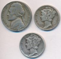 Amerikai Egyesült Államok 1942-1945. 1D Ag "Mercury"
(2x) + 1954. 5c Cu-Ni "Jefferson...