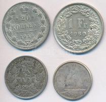 Vegyes: Német Birodalom 1906A 1/2M Ag + Oroszország 1915. 20k Ag + Svájc 1960B 1Fr Ag + Kanada 1962. 10c Ag T:2,2-,3 Mixed: German Empire 1906A 1/2 Mark Ag + Russia 1915. 20 Kopeks Ag + Switzerland 1960B 1 Franc Ag + Canada 1962. 10 Cents Ag C:XF,VF,F