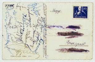 1948 A londoni olimpián résztvevő olimpiai bajnok sportolók aláírása (Bóbis Gyula, Gerevich Aladár, Elek Ilona, Tass Helga, Szilágyi Gyula, Csík Tibor, Elek Margit, Kovács Pál, Klabacsek)