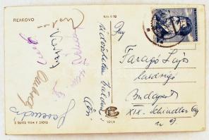 1956 Az FTC csapattagjainak aláírása  Faragó Lajosnak küldött képeslapon (Puskás, Ombódy Imre, Henni, Mátrai, Dékány, Láng Károly, Gerendás András, Kertész Tamás)
