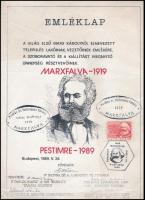 1989 Bp., Pestimre, A világ első Marx Károlyról elnevezett település lakóinak, vezetőinek emlékére kiadott emléklap, pecséttel, bélyeggekel