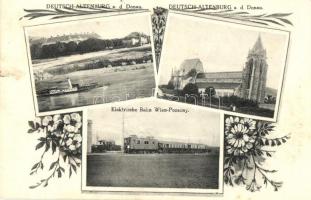 Németóvár, Bad Deutsch-Altenburg; Elektrische Bahn Wien-Pozsony, SS Schönbrunn / train, steamship, floral