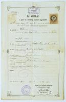 1891 Bp., Kivonat a pesti izraelita hitközség születési jegyzékéből, pecséttel, 50 kr okmánybélyeggel