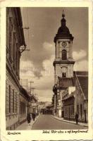 Komárom, Jókai utca, Református templom / street with church, shops (EK)
