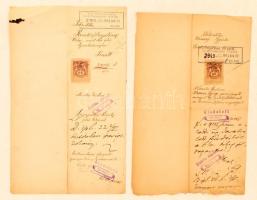 1942 Vegyes okmányok, 2db:  Kérelem Pécs szab. kir. város rendőrfőkaptányi hivatalához; korcsmai kifőzési engedélyért, illetve lisztkiárulásra feljogosító iparigazolvány kiadása iránt. Mindkét okmány 6 koronás illetékbélyeggel ellátva.