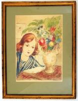 Jancsek Antal (1907-1985): Lány virággal. Színezett litográfia, papír, jelzés nélkül, üvegezett keretben, 38×29 cm