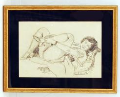 Mihalovits Miklós (1888-1960): Fekvő női akt. Ceruza, papír, jelzett, üvegezett keretben, 17×25 cm
