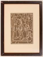 Farkasházy Miklós (1895-1964): A három grácia. Linómetszet, papír, jelzett, üvegezett keretben 25×19 cm