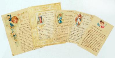 5 db régi levél gazdagon díszített angyalkás litho levelezőlapon, különféle méretekben