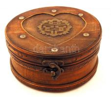 Egzotikus gazdagon díszített kerek fa doboz, d: 15 cm, m: 7 cm