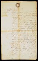 1856 Atyafiságos egyezkedés Jámbor Mihály hátrahagyott vagyonának elosztásáról. Szérűs kert eladásról szóló kiegészítéssel. Töredezett családi viaszpecséttel. 34x21cm