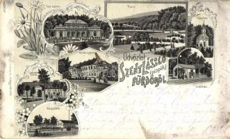 Püspökfürdő (Szentlászlófürdő) Indóház, vasútállomás, Lőrincz fürdő, Népszálló, kiadja Helyfi László / railway station, spa, hotel, floral Art Nouveau litho (EK)