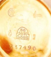 14 K arany (Au.) régi női karóra, számlapja piszkos, szíja hiányzik, jelzés nélkül, működik, br. 7,8...