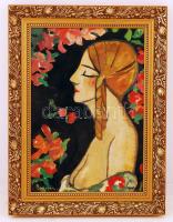 Bednár jelzéssel: Copfos lány. Olaj, karton, sérült, dekoratív keretben, 46×32 cm