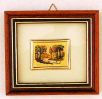 Olvashatatlan jelzéssel: Őszi tájkép, nyomat, aranyozott lemezen, jelzett, üvegezett fa keretben, 10×9 cm