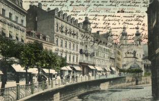 Karlovy Vary, Karlsbad; Sprudelgasse mit kath. Kirche / street, Catholic church, Wiener cafe (EK)