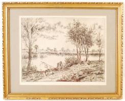 Gácsi Mihály (1926-1987): Vízpart. Rézkarc 9/100, papír, jelzett, üvegezett keretben 38×29 cm