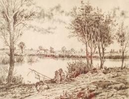 Gácsi Mihály (1926-1987): Vízpart. Rézkarc 9/100, papír, jelzett, üvegezett keretben 38×29 cm