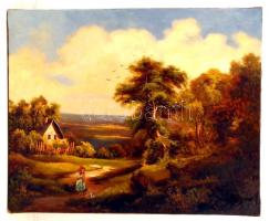 Jelzés nélkül: Kislány a kis cicával. Olaj, vászon, 55×68 cm