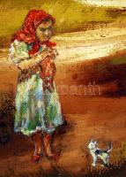 Jelzés nélkül: Kislány a kis cicával. Olaj, vászon, 55×68 cm