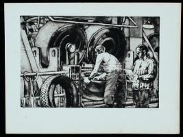 Maurer Dóra (1934-): Gumigyár. Rézkarc, papír, jelzett, 19×29 cm