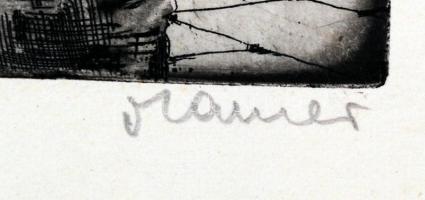 Maurer Dóra (1934-): Gumigyár. Rézkarc, papír, jelzett, 19×29 cm