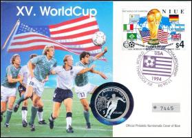 Niue 1991. 5$ Ag "Labdarúgó VB 1994" sorszámozott borítékon bélyeggel és bélyegzéssel T:PP Niue 1991. 5 Dollars Ag "World Cup 1994" on numbered envelope with stamp and overprints C:PP