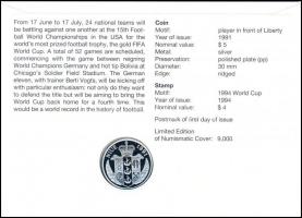 Niue 1991. 5$ Ag "Labdarúgó VB 1994" sorszámozott borítékon bélyeggel és bélyegzéssel T:PP...