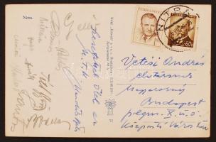 1949 AZ MTK csapattagjainak aláírása levelezőlapon (Hidegkúti, Palotás, Gellér, Tóth György, Lantos, Bodola, Börzsei)