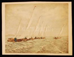 Csáki-Maronyák József (1910-2002): Vitorlások. Színezett rézkarc, papír, jelzett, 36x28 cm