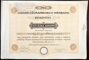 Hódmezővásárhely 1924. "Hódmezővásárhelyi Népbank" részvénye 1000K-ról, szelvényekkel, szárazpecséttel, felülbélyegezve T:III