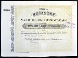 Budapest 1923. "Nemzeti Hitelintézet Részvénytársaság" 2000 Korona értékű részvénye szelvényekkel, szárazpecséttel, felülbélyegezve T:II-,III